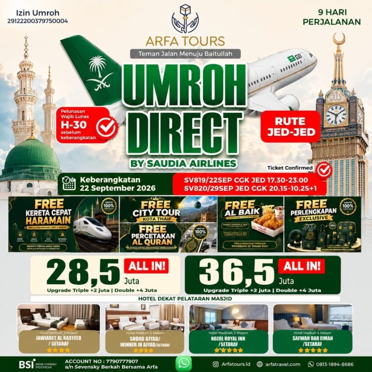 umroh september 2026 arfa tours paket 9 hari